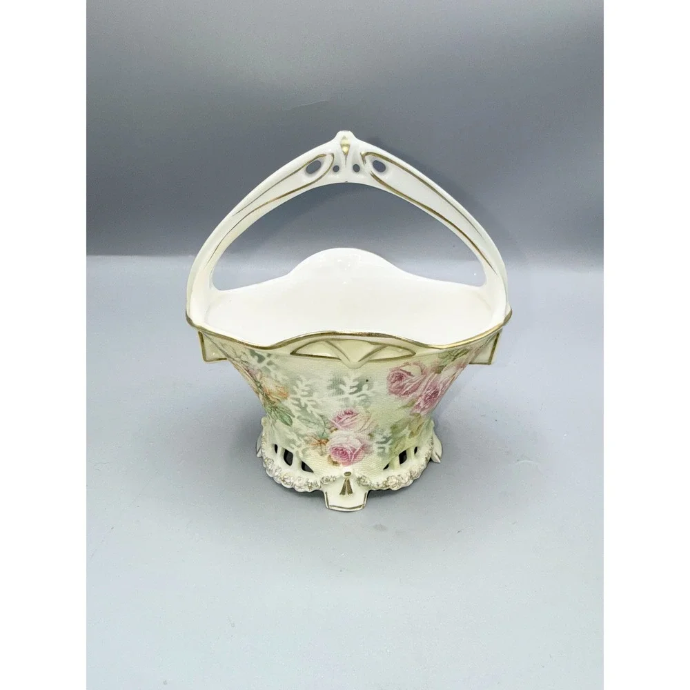 Royal Bayreuth Bavaria Antique Porcelain Floral Basket Hand‎ Painted Gold Trim